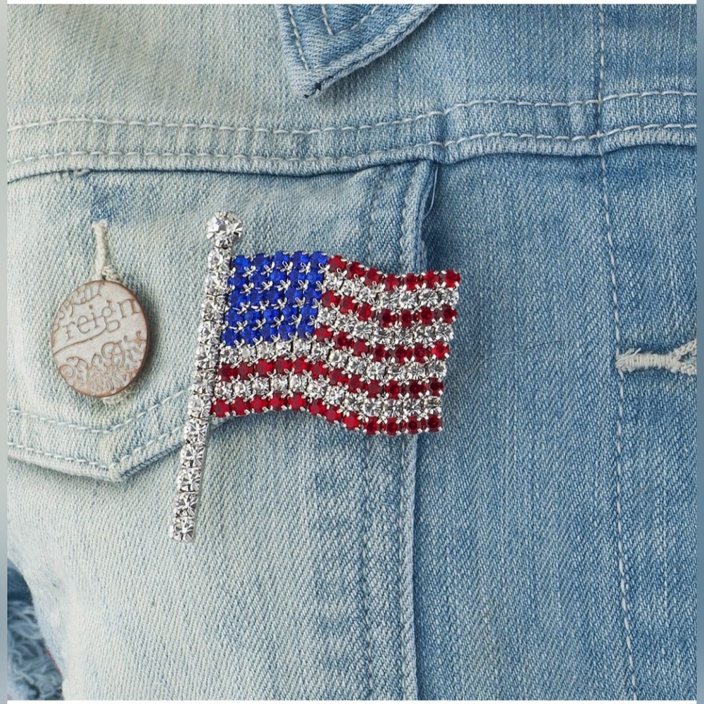 American Flag Rhinestone Brooch